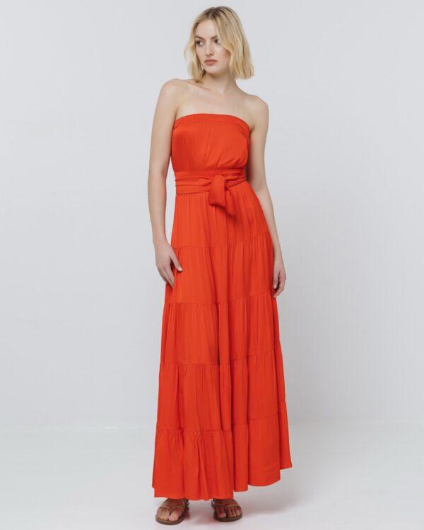 Access - Red strapless dress with ruffles and gatherings