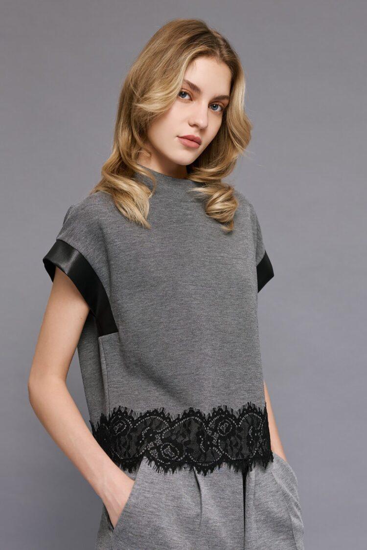 Access - Blouse with faux leather effect details and lace