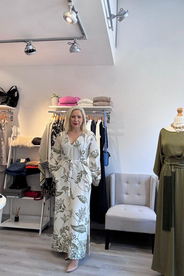 Access - Cream and olive botanical print maxi dress