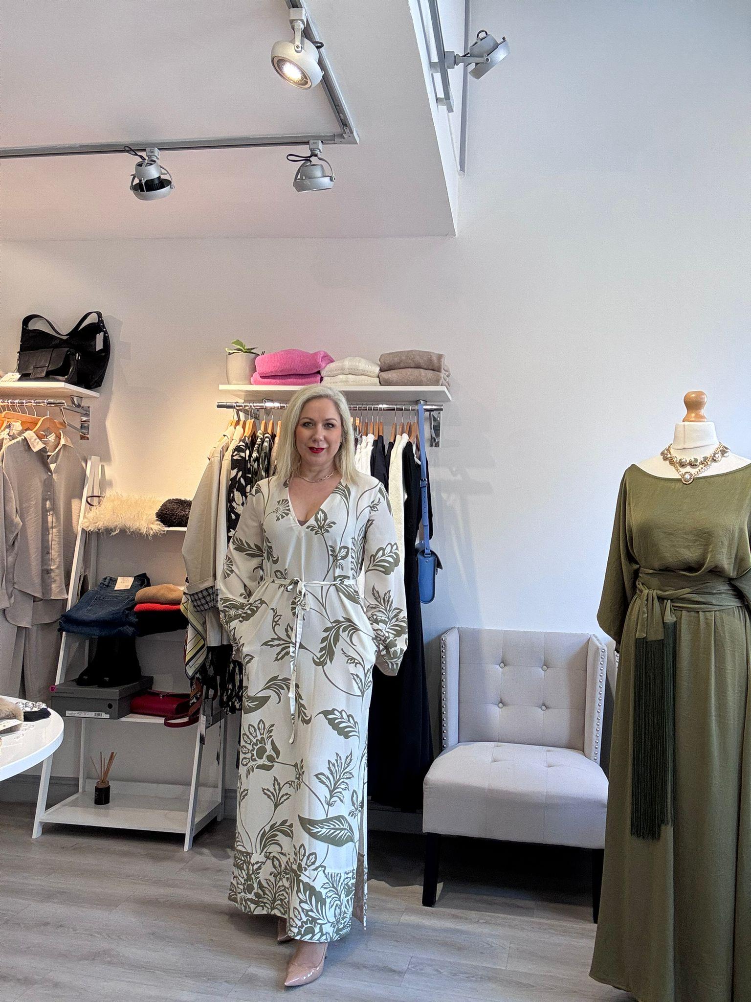 Access - Cream and olive botanical print maxi dress