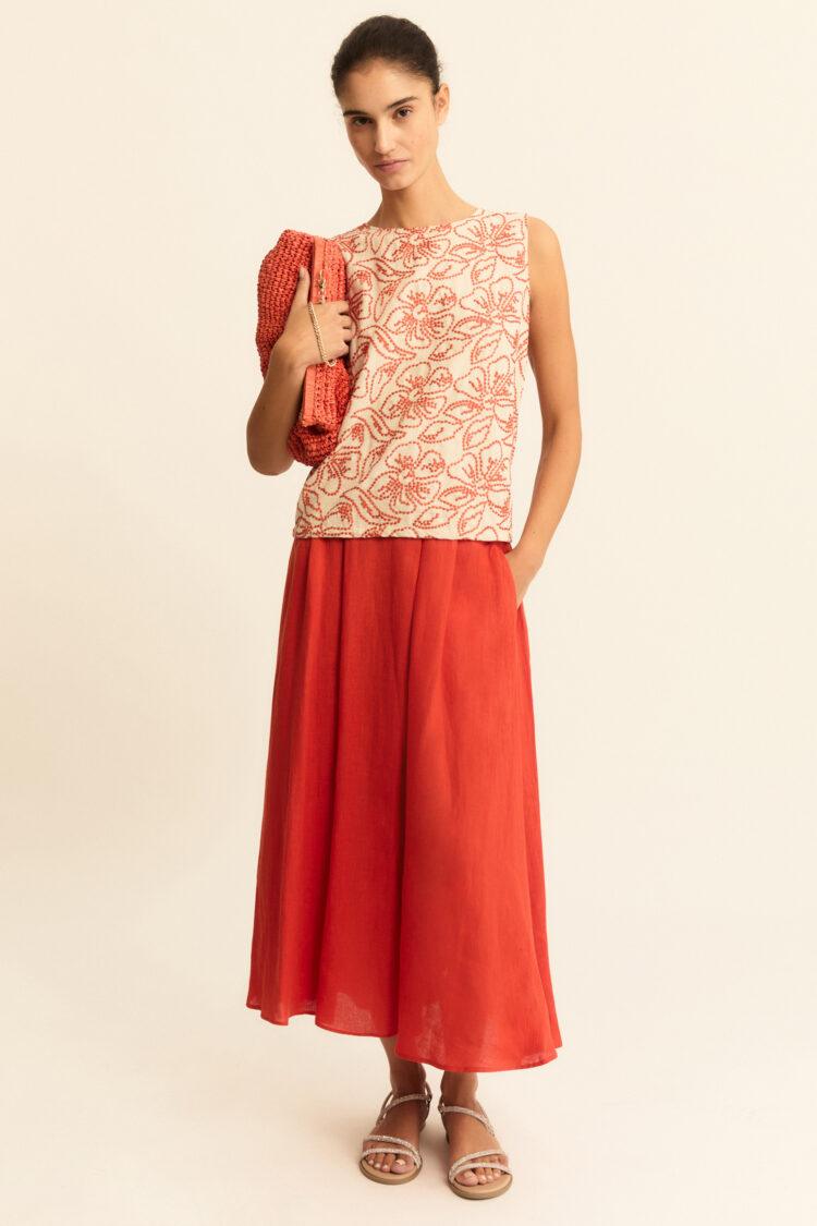 EMME - Biada pleated linen skirt | geranium red