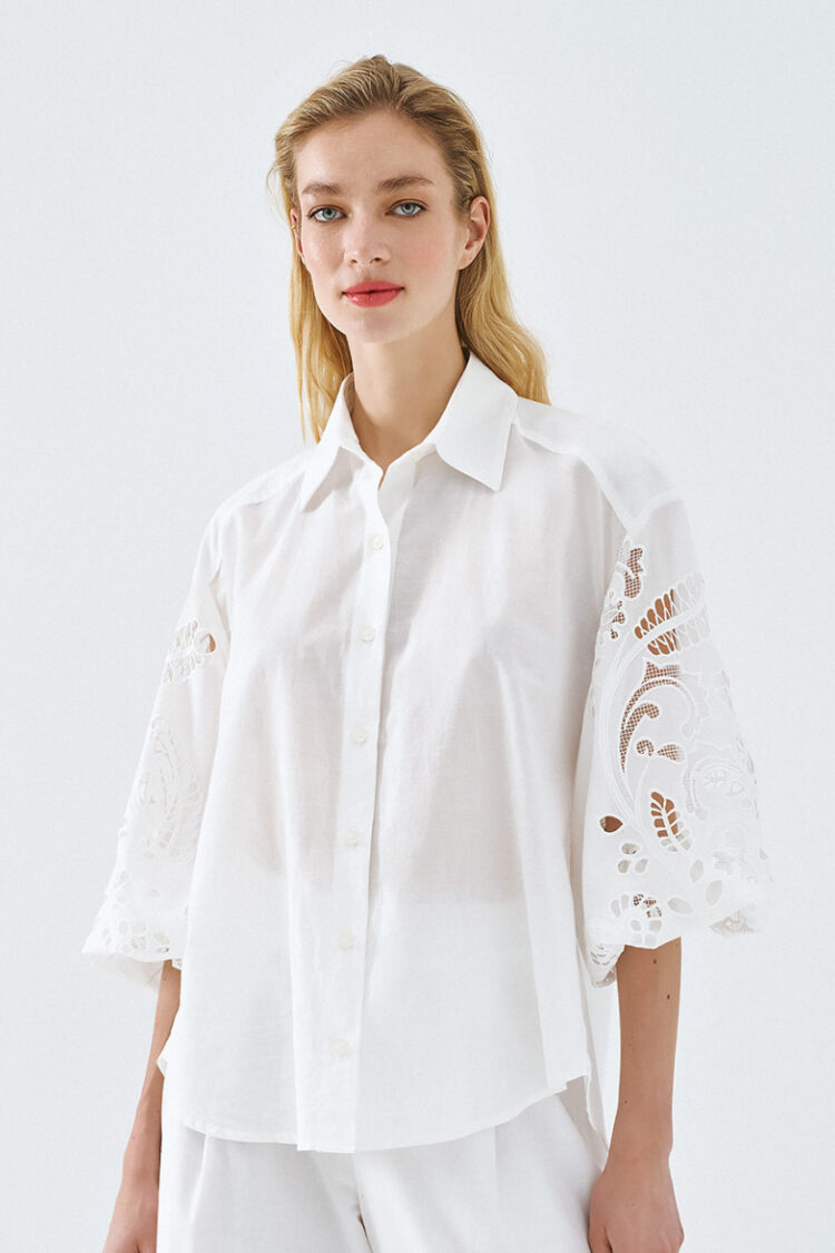 Access - Shirt with broderie sleeves | White