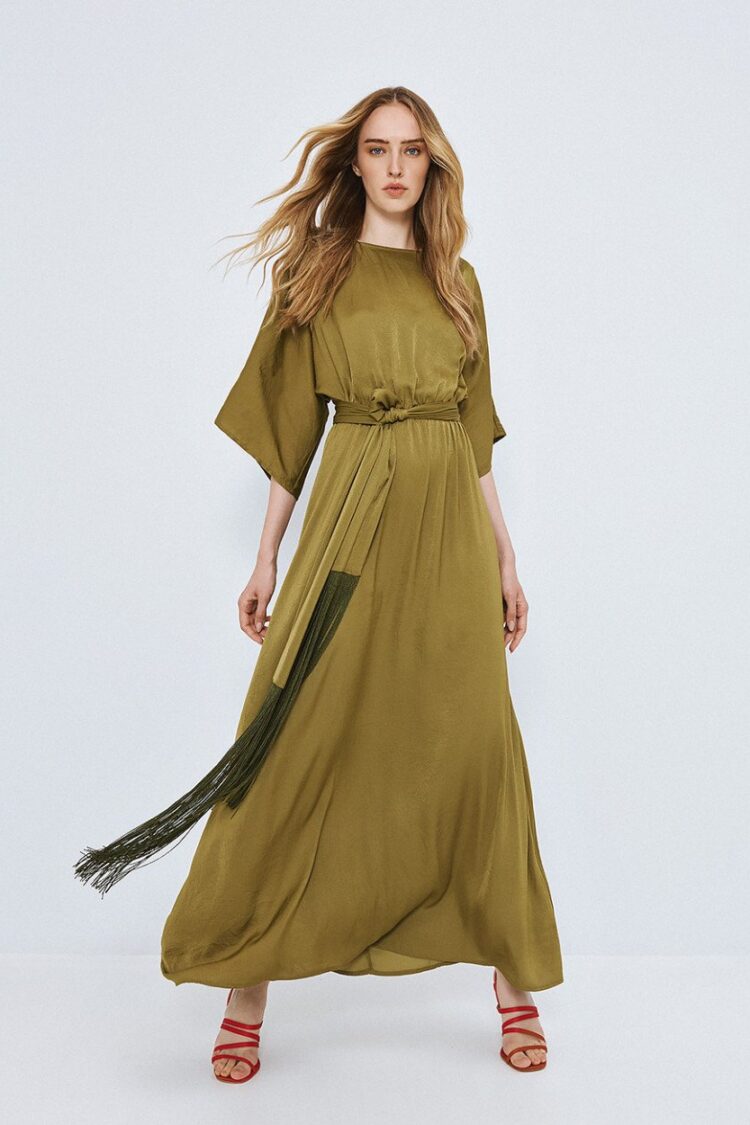Access - Long dress with belt and fringe details | Olive