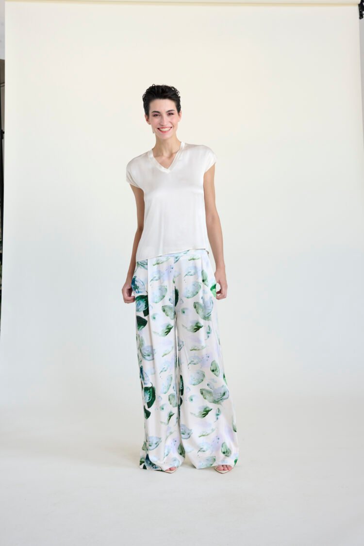 B-YU Wide Leg Trousers | Green Leaf Print