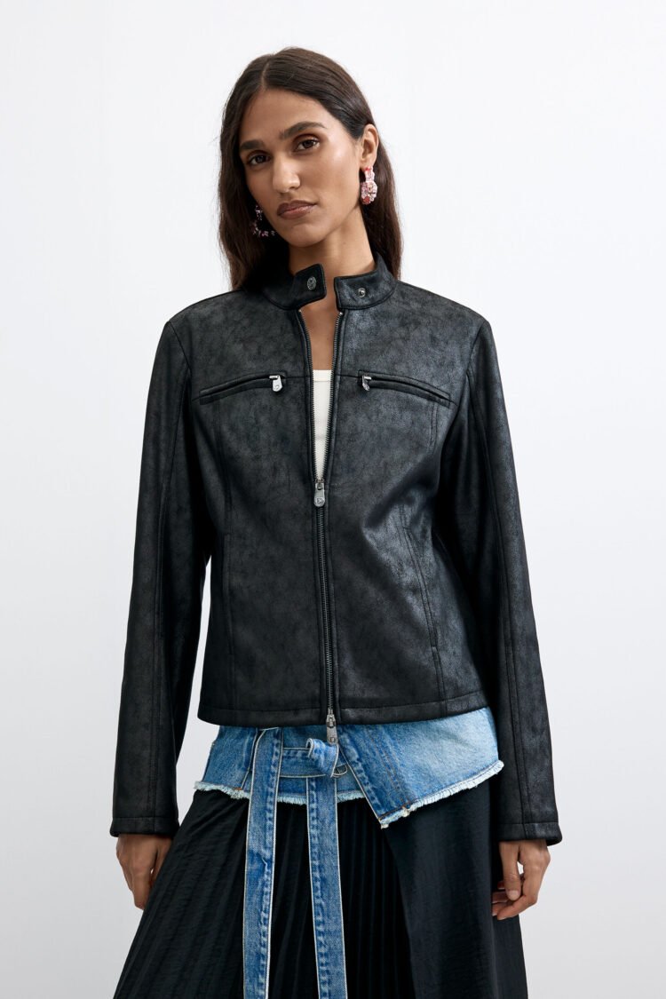 Desigual | Leather Effect Biker Jacket | Black