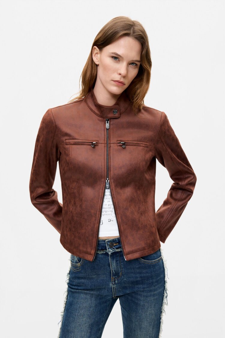 Desigual | Leather Effect Biker Jacket | Brown