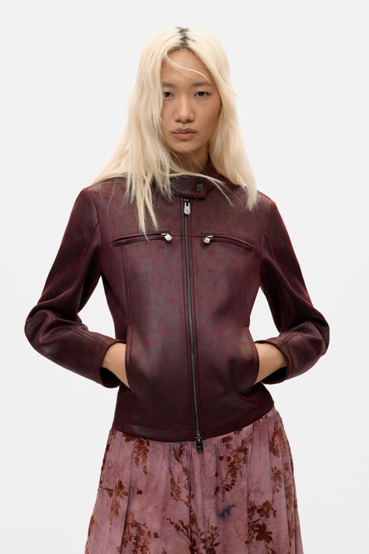Desigual | Leather Effect Biker Jacket | Burgundy