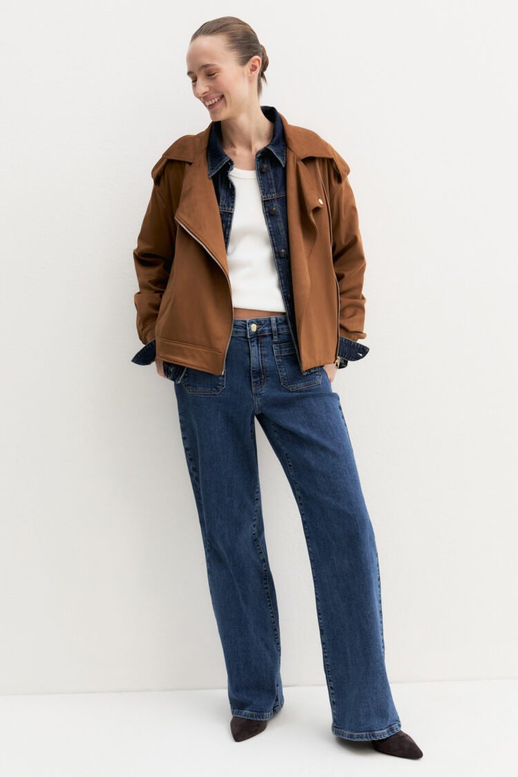 EMME | Domino Stretch Jersey Biker Jacket | Cognac