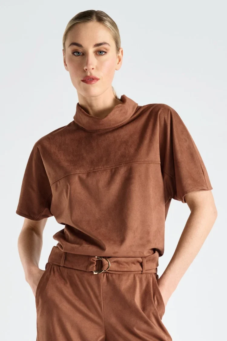Marie Mero | Faux Suede Turtle Neck Top | Tobacco
